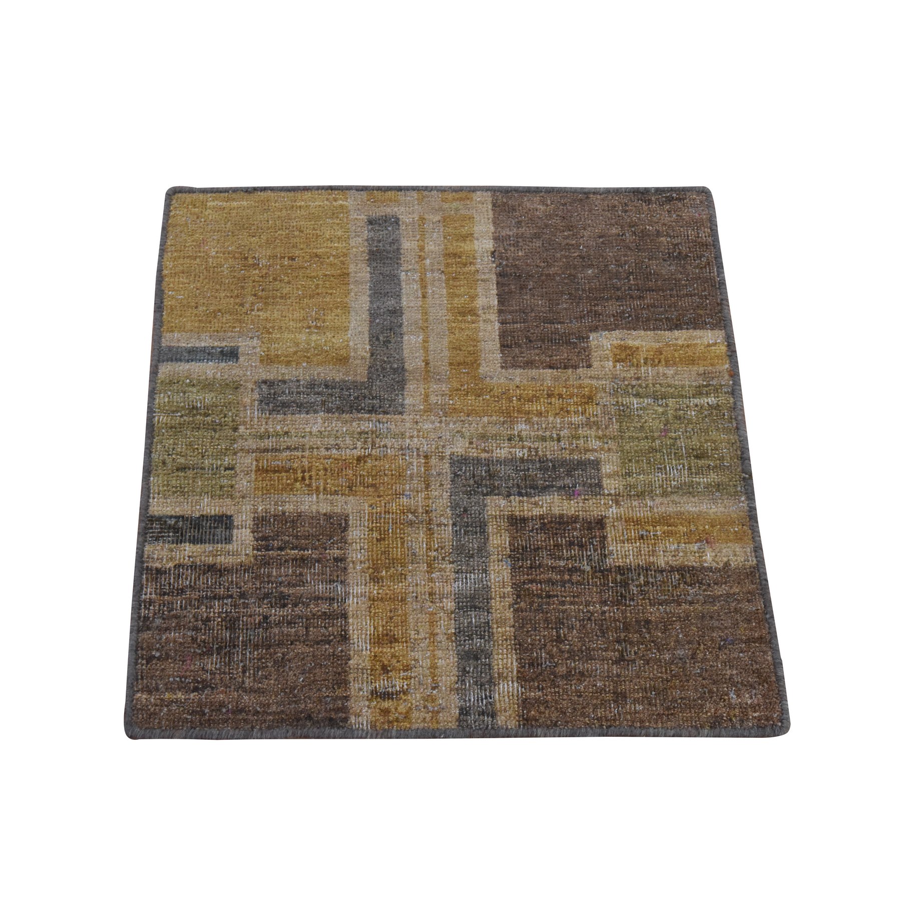 2'x2' Chocolate Brown, Zero Pile, Distressed with Mid Century Modern Design, Hand Knotted, 100% Wool, Sample, Mat, Square, Oriental Rug 